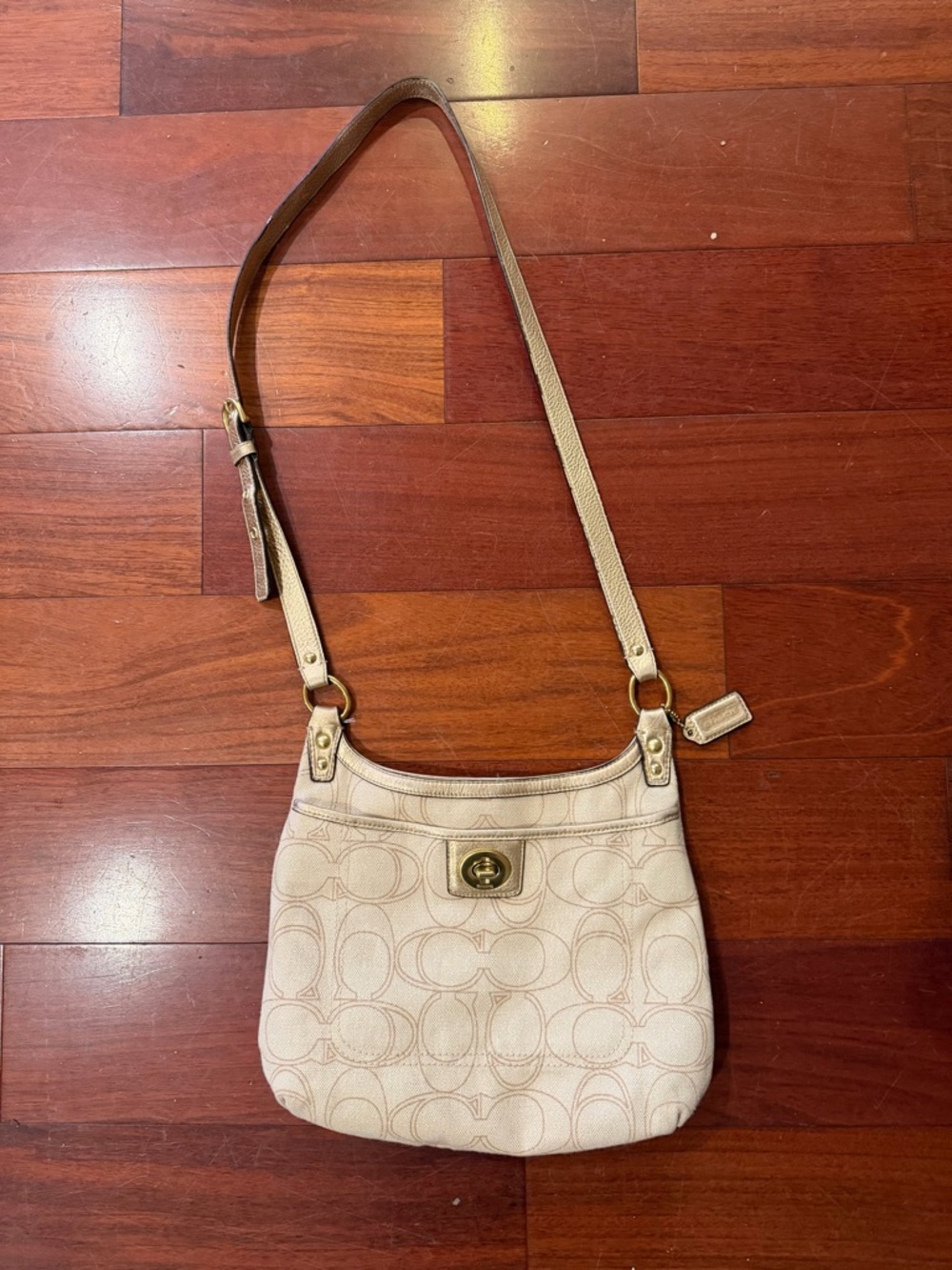 Coach Signature Canvas Crossbody Bag in Light Beige and gold